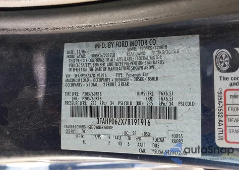 2007 Ford Fusion S from USA, damaged, VIN 3FAHP06ZX7R191916